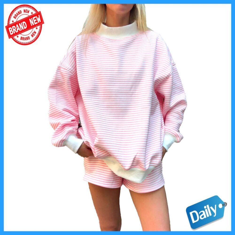 Oversized Mock Neck Sweatshirt Striped Pullover Long Sleeve Cotton Blend